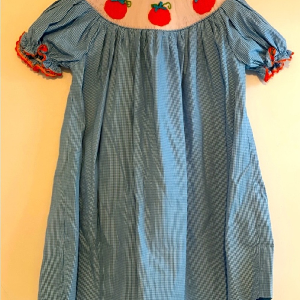 Smock Monkey Blue Gingham Dress with Pumpkin Embroidery